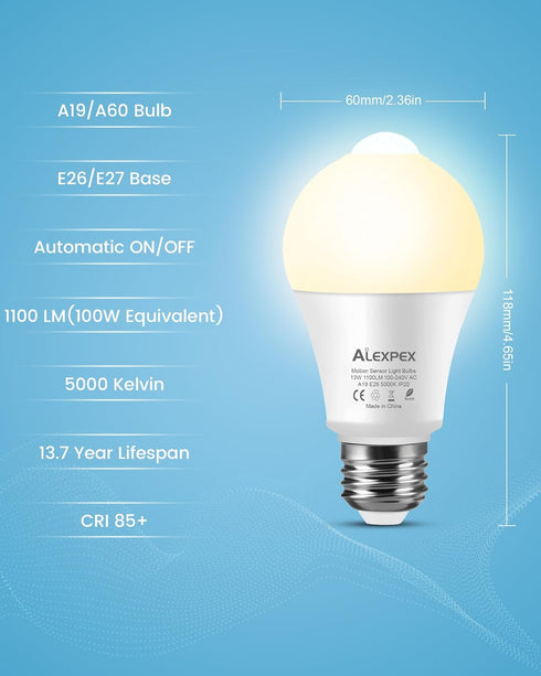 Motion Sensor Light Bulbs, 13W(100W Equivalent) 1100lm Motion Activated Auto Dusk to Dawn LED Bulb, A19 E26 2700K Soft White Outdoor/Indoor Lighti...