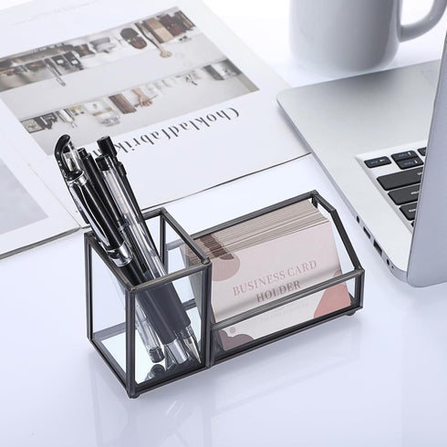 Hipiwe Glass Business Card Holder Metal Pen Pencil Storage Holder for Desk Clear Business Card Display Organizer Case for Office Home,2 Slots,Blac...