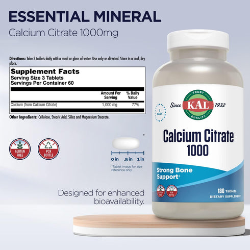 KAL Calcium Citrate 1000mg, Calcium Supplements for Women and Men, Bone Health, Teeth, Nervous, Muscular & Cardiovascular System Support, Gluten F...