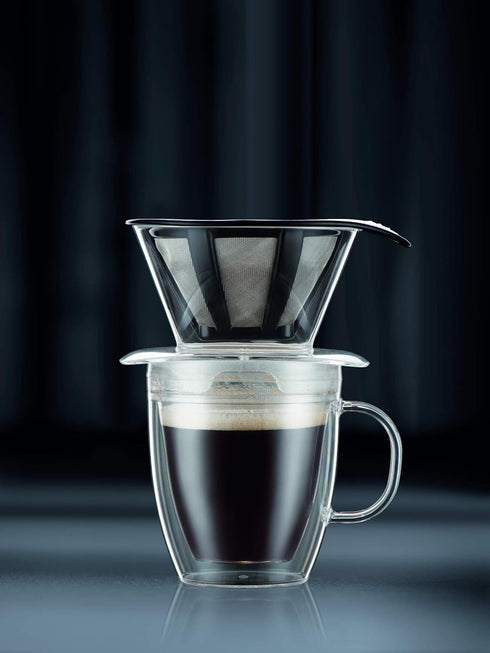Bodum 12oz Pour Over Coffee Dripper Set w/ Double Wall Mug and Reusable Permanent Filter, Plastic, BPA-Free, Clear...