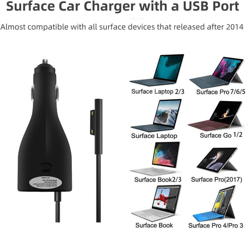 Surface Car Charger with USB Charging Port, Total 42W 12V 2.58A Power Supply, Compatible for Microsoft Surface Pro7 + Plus Pro6 Pro5~3 Surface Go ...