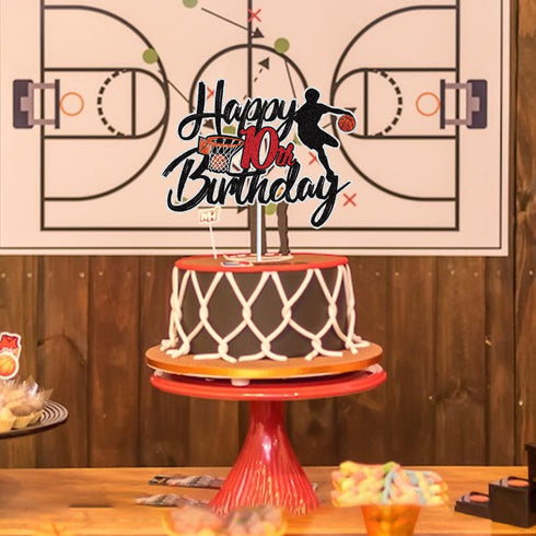 Basketball Happy 10th Birthday Cake Topper 10 Ten Years Old Basketball Player Scene Cake Decoration Sport Theme Tenth Birthday Party Event Supplie...