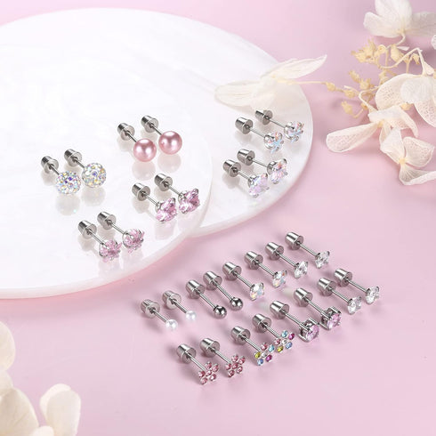 YADOCA 14 Pairs Hypoallergenic Screw Back Earrings for Girls Women Surgical Steel Tiny CZ Pearl Ball Heart Flower Screwback Earrings Studs Set Mul...