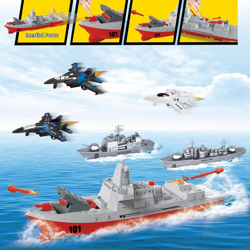 Military Naval Vessel Naval Ship with Launching Cruise Missile and Battle Ship Group, Small Scale Pull Back Fighter Jet, Ideal Gift Army Toys Set ...