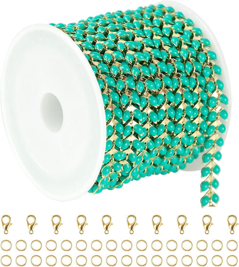 YOUBEIYEE 9.8 Feet Gold Plated Brass Chains Bulk Bluish Green Enamel Arrow Cable Jewelry Chain for Jewelry Making with Jump Rings and Lobster Clas...