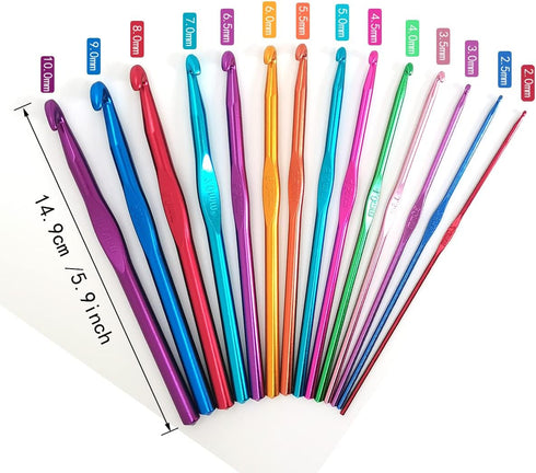 GIRLOOKA 14PCS Aluminum Crochet Hooks Set Multicolor Aluminum Handle Knitting Needles Craft Yarn 2-10mm......