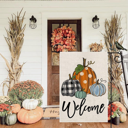 Fall Welcome Garden Flag 12.5 x 18 Inch, Pumpkins Double Sided Small Decorative Flag for Outside Yard Lawn Outdoor Decoration GB057-12...