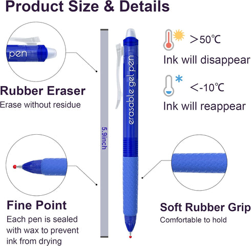 Erasable Gel Pens, 15 Pack Blue Retractable Erasable Pens Clicker, Fine Point, Make Mistakes Disappear, Blue Ink for Writing Planner and Crossword...