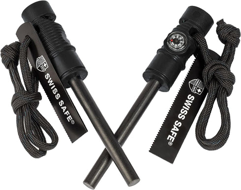 Swiss Safe 5-in-1 Fire Starter with Compass, Paracord and Whistle (2-Pack) for Emergency Survival Kits, Camping, Hiking, All-Weather Magnesium Fer...
