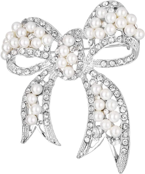 Nicole Miller Silver White Round Pearls Ribbon Clear Rhinestones Brooches and Pins...