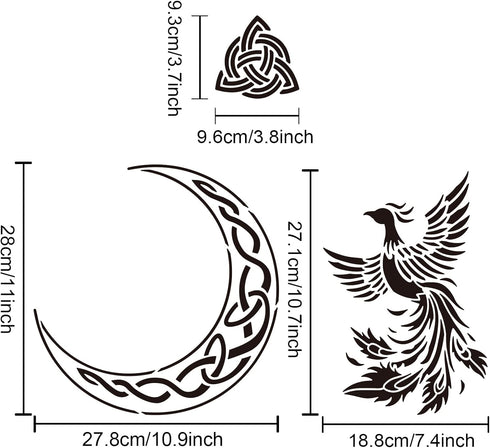 Phoenix Stencils Firebird Drawing Template Moon Trinity Knot Painting Stencils Reusable 8.3x11.7/11.8×11.8inch T-shirt or Bags Craft Wall Floor De...