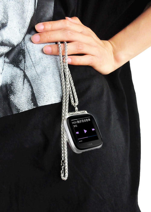 Stainless Steel Chain Necklace Smartwatch Band Compatible with Fitbit Versa 1/2/Lite Newest Polished Silver Metal Wheat Chain Strap Rope Neckband ...