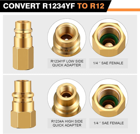 6 Pcs R1234yf to R12 Retrofit Conversion Adapter Fitting Kit Compatible with 1/4 Sae Thread Low High Side Retrofit Conversion Ac Charging Port Ada...