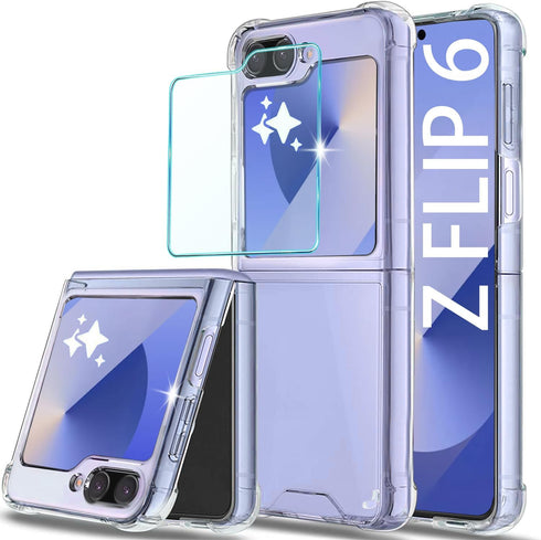 for Samsung Galaxy Z Flip 6 Clear Case with Tempered Glass Screen Protector - Slim Fit, Anti-Yellowing, Shockproof Cover, Hard Transparent Case fo...