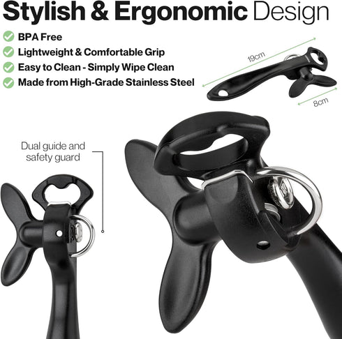 Lantana Smooth Edge Can Opener with Bottle Cap Lifter - Hand Held Manual Safety Tin Opener - Black/Stainless Steel...