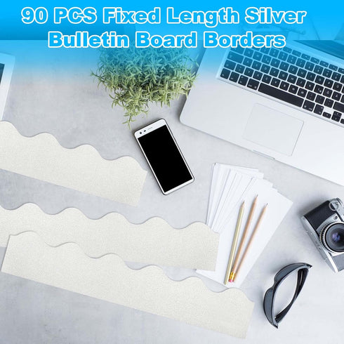 90 Pcs 3” × 13” Silver Bulletin Board Borders, 97.4 Feet Shine Bulletin Board Trim, Decorative Glitter Border for Bulletin Board, Classroom and Pa...
