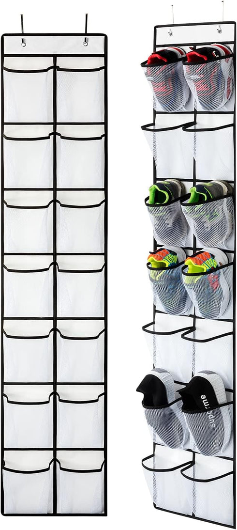 KEEPJOY Over The Door Shoe Organizer, Hanging Shoe Organizer with 4 Hooks, Shoe Holder with 14 Mesh Pockets Closet Door Shoe Storage Bag (White-2P...