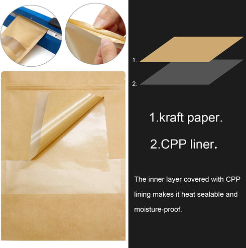 Blisstime 50 Pack Kraft Stand Up Zip Lock Pouch Bags, Resealable Bag with Transparent Window and Tear Notch for Multipurpose Storage (4 X 6 Inches...