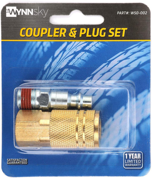 WYNNsky Air Coupler and Plug Kit, 1-pc 1/4'' FNPT Industrial Type Brass Air Coupler, 1-pc 1/4'' MNPT Industrial Type Zinc-Plated Steel Air Plug, A...