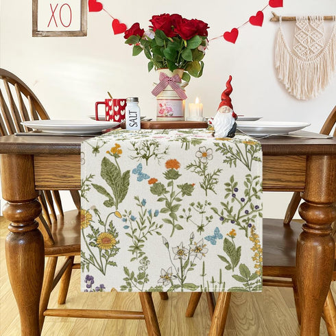 Floral Wildflowers Table Runner, Spring Butterfly Herbs Farmhouse Holiday Home Kitchen Dining Table Decoration, 13 x 72 Inch...