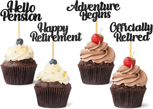 48 Pieces Happy Retirement Cupcake Toppers, Officially Retired Hello Pension Adventure Begins Cupake Picks for Farewell Party Supplies Decor(Black...