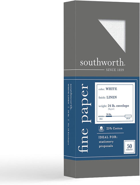 Southworth 25% Cotton #10 Envelopes, 4.125" x 9.5", 24 lb/90 GSM, Linen Finish, White, 50 Count - Packaging May Vary (P554-10)...