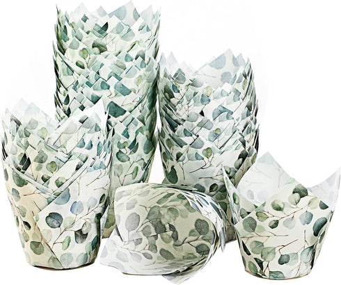 200 Pieces Green Tulip Cupcake Wrappers Liners Tulip for Baking Eucalyptus Cupcake Liners Mini Baby Shower Cupcake Baking Rustic Birthday Party De...