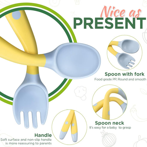 Toddler Utensils Baby Spoons and Forks Set with Case Bendable Self Feeding Training Flatware Silicone Spoon Fork for Kids Babies Children Handle T...