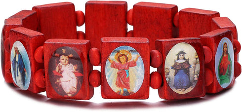 4pcs Wooden Jesus Virgin Mary Bracelet Saints Rosary, Stretchable Wooden Small Panel Bracelet, with Images of Religious Saints Jesus Gift for Men ...