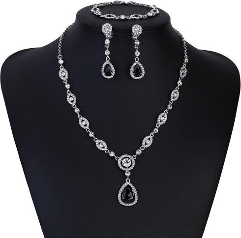 FIBO STEEL Clip on Rhinestone Jewelry Set for Women Party Prom Bridal Bridesmaid Jewelry for Wedding Teardrop Pendant Earrings Necklace Bracelets ...