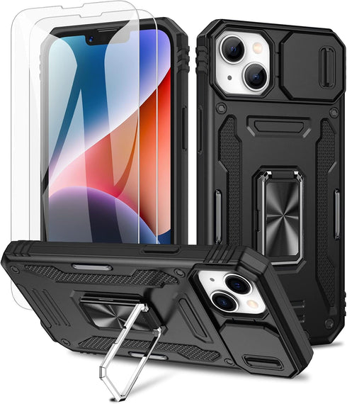 Maxdara for iPhone 14 Case & iPhone 13 Case with Slide Camera Cover & Built-in 360° Rotating Ring Kickstand & Glass Screen Protector Protective Co...