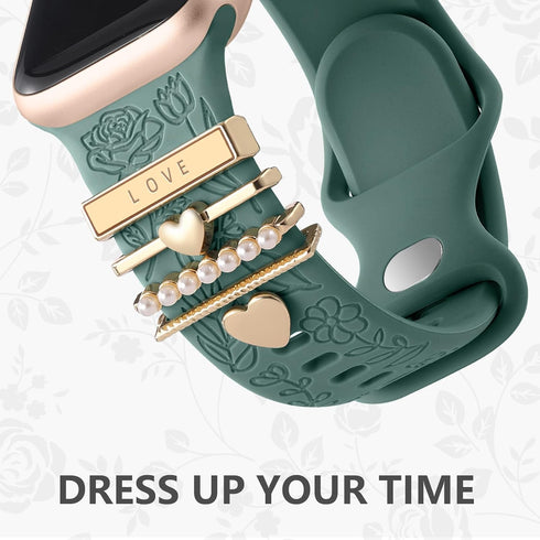 DaQin Flower Engraved Band Compatible with Apple Watch Bands 40mm for Women 38mm 41mm, Soft Silicone Sport Band With Decorative Apple Watch Charms...