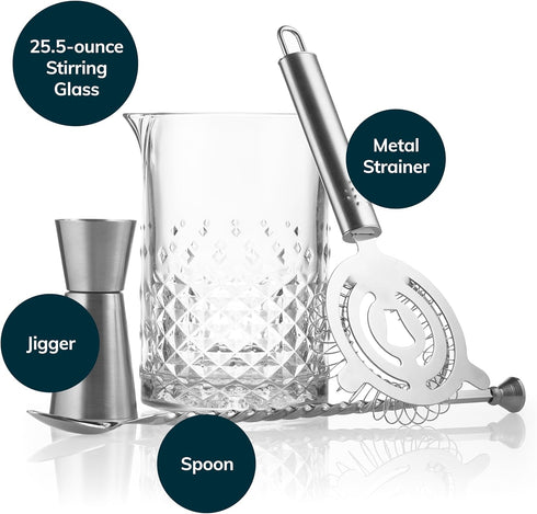 Libbey Carats Cocktail Barware Mixing Set, Large 25.5 oz Professional Mixing Glass with Home Bartender Accessories Kit, Satin Finish Measuring Jig...