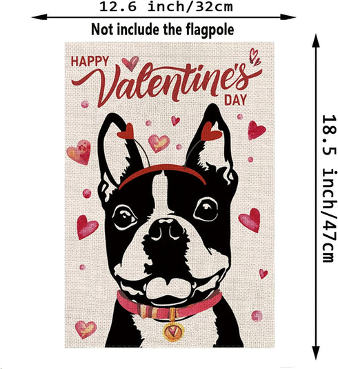Valentines Day Garden Flag Valentine Boston Terrier Dog Flags for Outside Love Heart Anniversary Wedding Party Home Burlap Double Sided Yard Outdo...