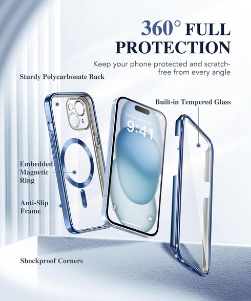 BERFY Magnetic for iPhone 15 Case Compatible with Magsafe, Full Body Rugged Case Built-in 9H Tempered Glass Screen Protector & Full Camera Protect...