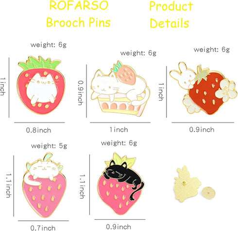 5Pieces Pin Sets with Strawberry Animal Enamel Brooch Pins Cartoon Rabbit Cat for Girls Kids Gift Lapel Pins Accessory for Backpacks Badges Hats B...