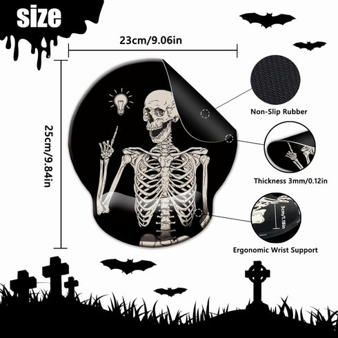 Ergonomic Mouse Pad with Wrist Rest Support, Gothic Skull Skeleton Black Small Mousepad with Non-Slip Pain Relief Rubber Base, Cute Gaming Mouse P...