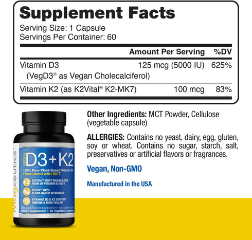 Vitamin D3 K2 with MCT, 5000 IU Vegan D3 & 100 mcg MK7 K2, Support Strong Bones and Immune Health - 60 Capsules (60 Days Supply)...
