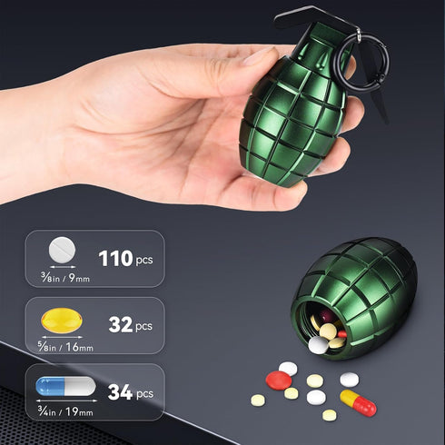 Portable Pill Case Tactical Keychain Pill Container Waterproof Durable Aluminum EDC Holder with Carabiner for Daily Use, Outdoor Activities - Gree...