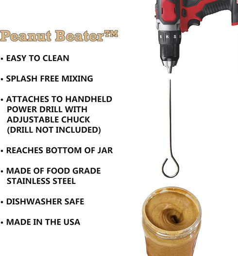 Peanut Beater™: Stirring tool for natural peanut butter, fast mixing stirrer utensil, easy to clean mixer, handheld power drill attachment...