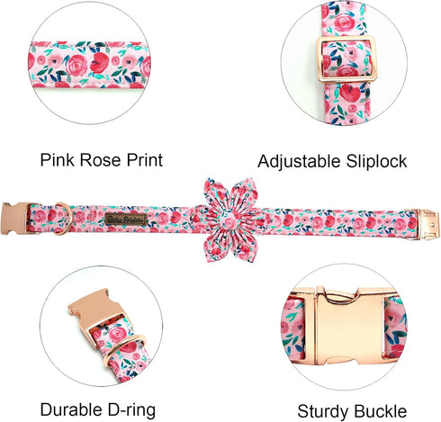 Dog Collar Cute Pink Flowers Print Pet Collar Soft Girl Dog Collar with Flower Adjustable Metal Buckle Collar Gift Collar for X-Large Dogs...