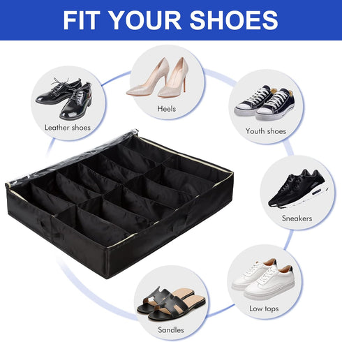 Surblue Under Bed Shoe Storage Organizer Underbed Shoes Closet Storage Solution 2 Metal zippers and 3 Handles with Clear Cover for Men's and Women...