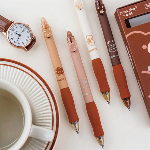 4 Pcs Erasable Gel Ink Pens Retractable Pens Cute Bear Pens 0.5mm Fine Point Pen Office School Pens Women Girls Pens (Black Ink-Coffee Bear)...