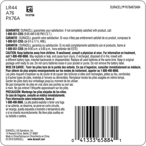 Duracell 76A 1.5V Alkaline Batteries, 4 Count Pack, 76A 1.5 Volt Battery, equivalent to LR44, A76, PX76A, V136A, AG13, and L1154 battery types...