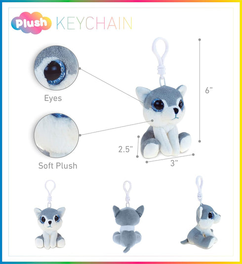 Puzzled DolliBu Wolf Plush Big Eyes Keychain Stuffed Animal - Soft Wild Mountain Animal Charm with Sparkling Big Eyes, Decorative Zoo Plush Toy Ac...