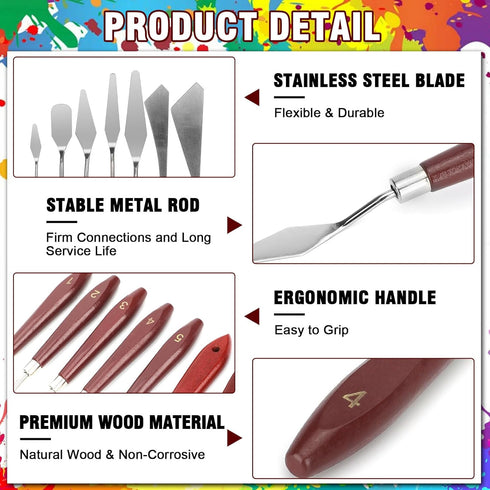 Painting Knife Set, 7pcs Wood Palette Knife Painting Tools Stainless Steel Palette Knife Set Oil Painting Mixing Scraper Art Painting Spatula Kit ...