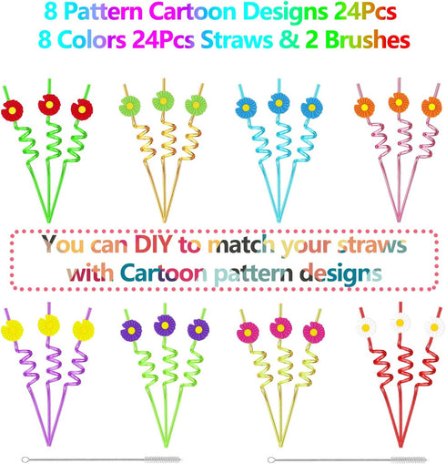 24PCS Daisy Flower Drinking Straws Reusable for Kids Daisy Flower Theme Birthday Party Favors Supplies Decorations with 2 PCS Cleaning Brushes (Da...