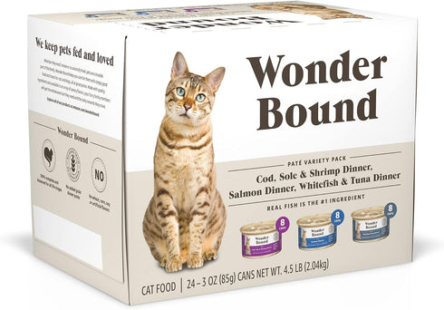 Amazon Brand - Wonder Bound Wet Cat Food, Pate, No Added Grain, Variety Pack (Cod, Sole & Shrimp, Salmon, White Fish & Tuna), 3 ounce (Pack of 24)...