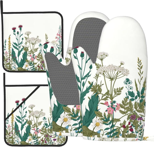 Herbs and Wild Flowers Oven Mitts and Pot Holders Sets of 4, Colorful Botanical Silicone Oven Mitts Heat Resistant, Non-Slip BBQGloves for Chef Ki...