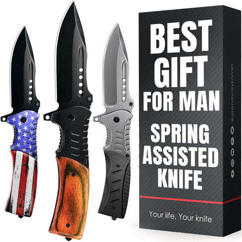 Spring Assisted Knife - 3.66" Sharp Blade - Tactical Pocket Knife for Men with Wood Handle Glass Breaker & Clip - Best Folding Knives for EDC Camp...